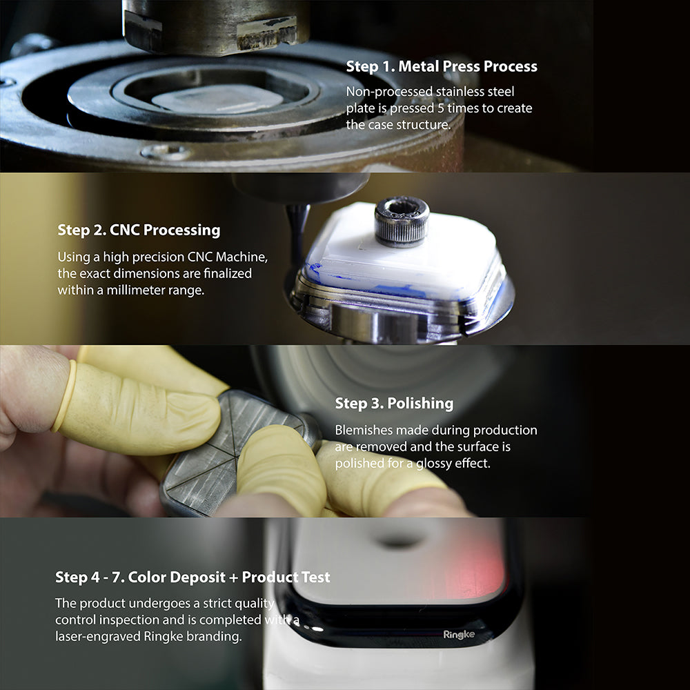 Galaxy Watch 4 Classic 46mm | Bezel Styling - Four-step manufacturing process showing metal pressing, CNC, polishing, and quality testing.