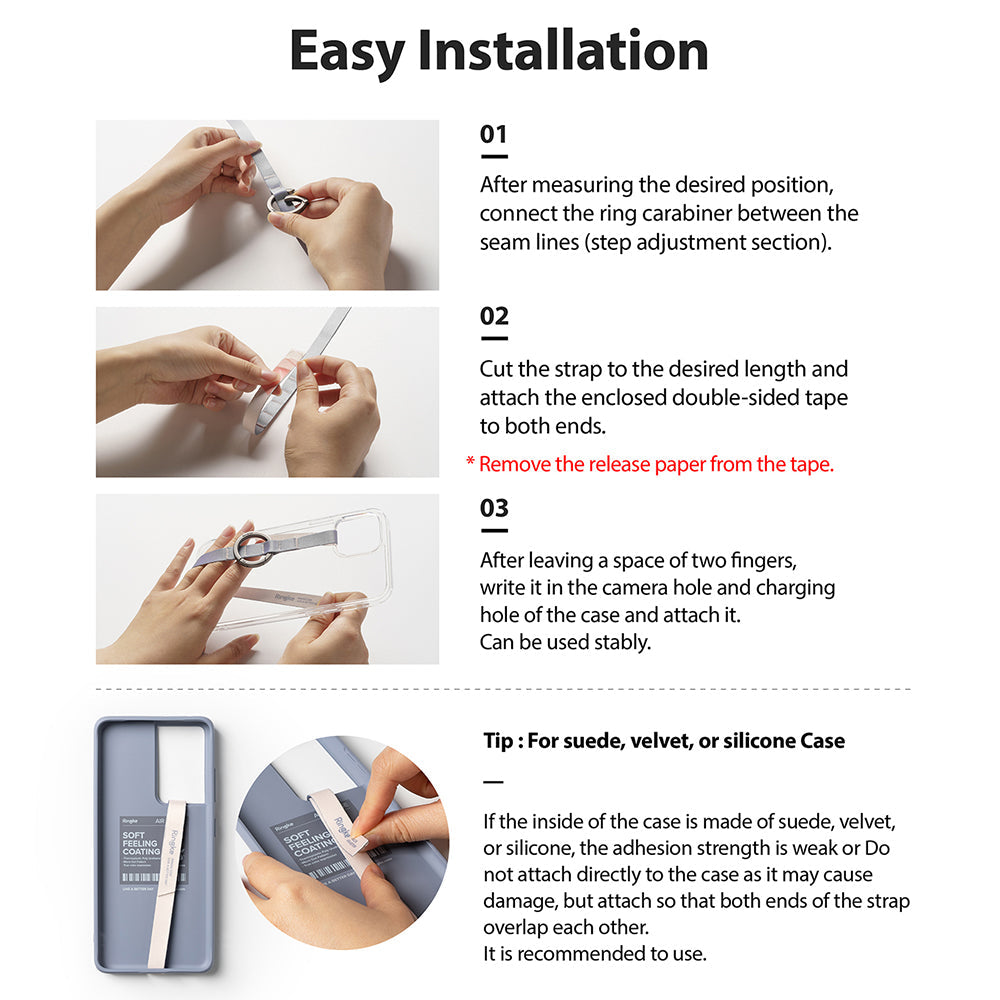 Ring Band Strap - Three-step installation guide showing how to attach a phone strap with a ring carabiner to a phone case.