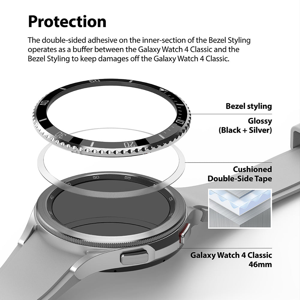 Galaxy Watch 4 Classic 46mm | Bezel Styling - Exploded view showing bezel, adhesive ring, and watch body assembly.