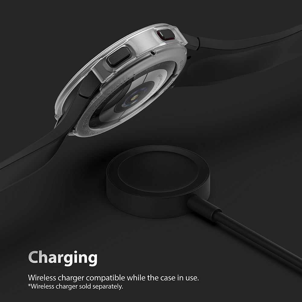 Galaxy Watch 4 (44mm) Case | Air Sports - Clear protective case on a Galaxy Watch 4 resting on a wireless charging puck.