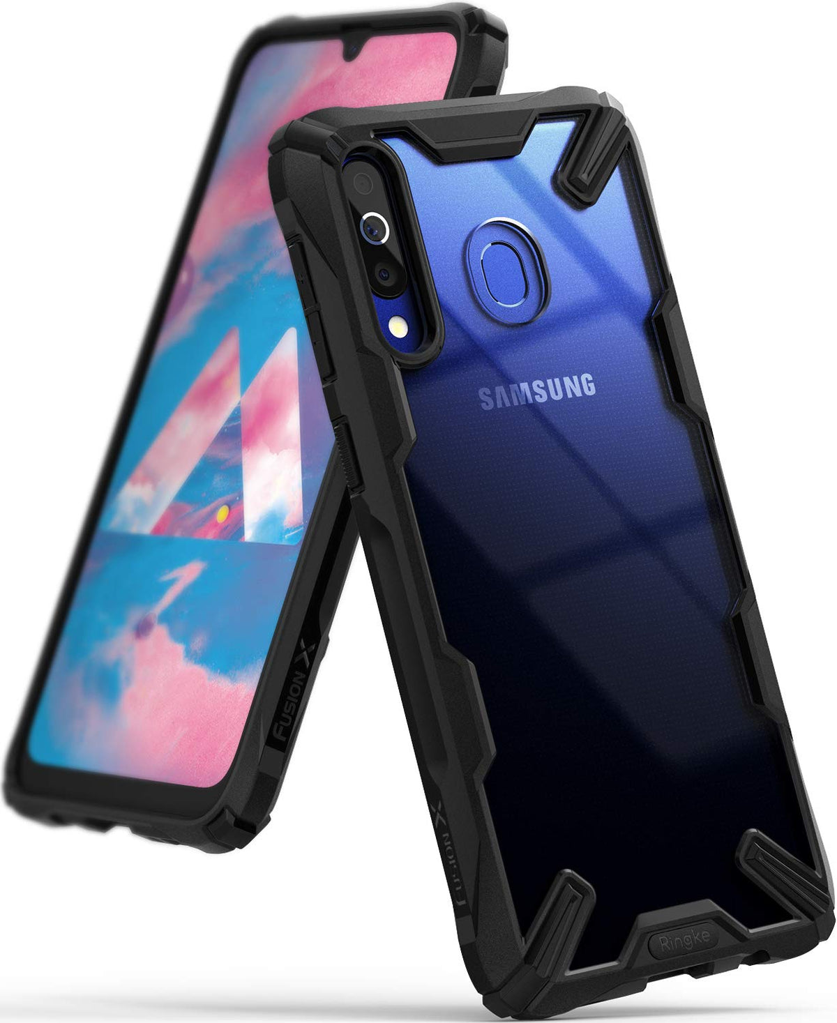 Galaxy M30 Case | Fusion-X - Samsung Galaxy M30 with a rugged black Fusion-X protective case, showing front and back views.