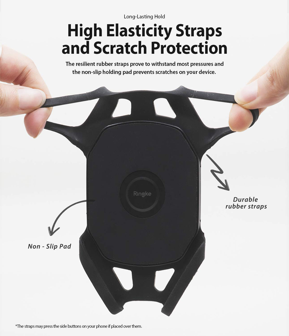 Spider Grip Bike Mount - Hands stretching the black rubber straps of a phone mount featuring a non-slip pad and Ringke logo.