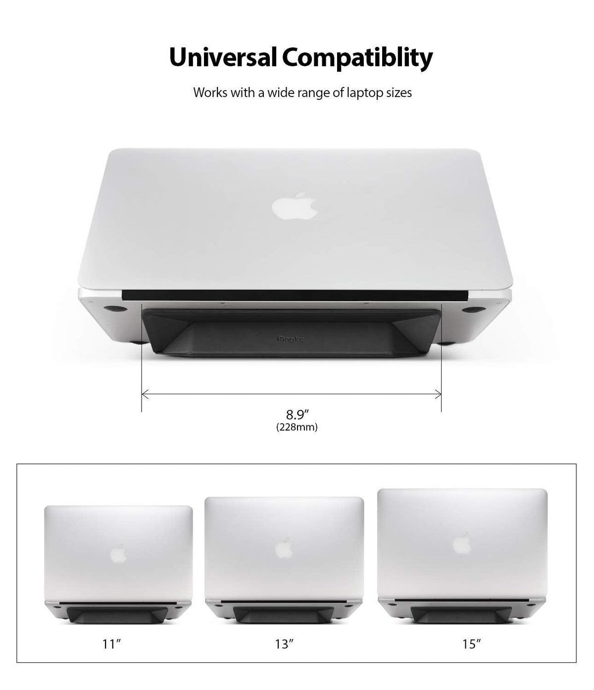 Laptop Stand - A black laptop stand attached to various sized silver laptops, showing an 8.9-inch width and universal fit.