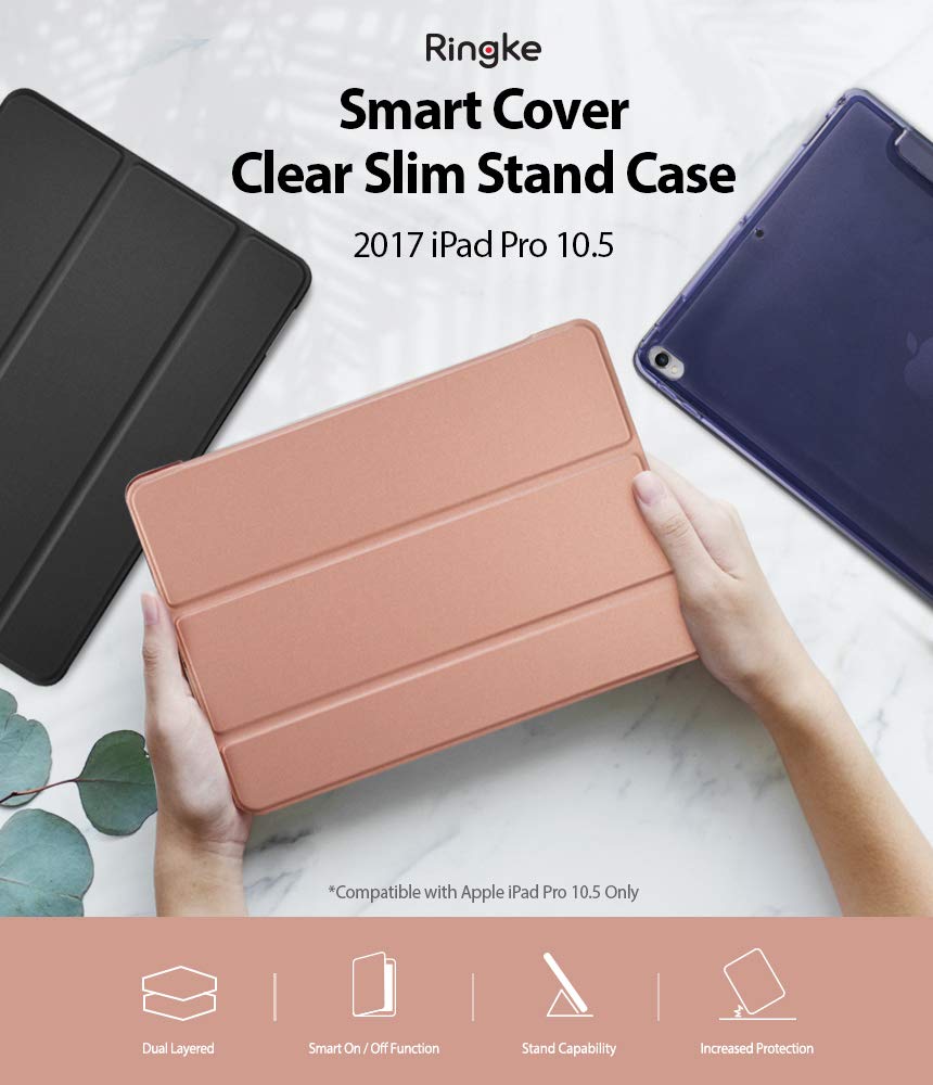 Smart Cover Clear Slim Stand | iPad - Hands holding a rose gold iPad case with black and clear case options shown.