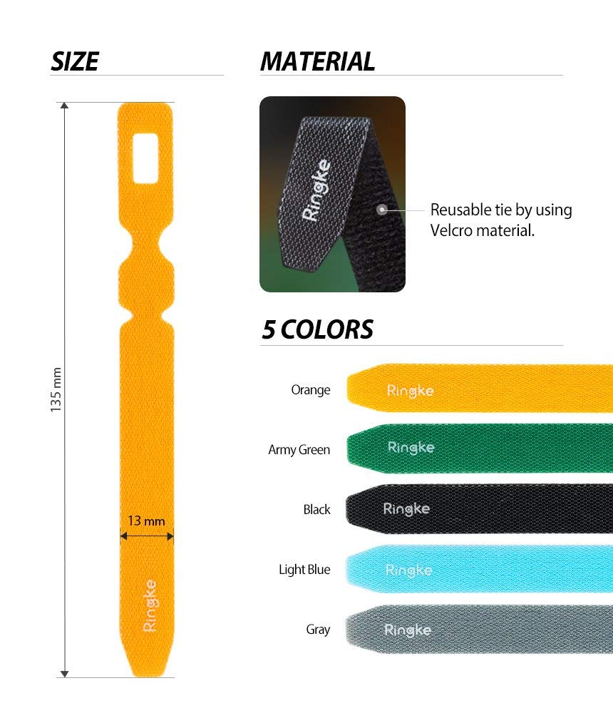Magic Cable Tie - Infographic showing 135mm x 13mm dimensions, Velcro material, and five color options for cable ties.