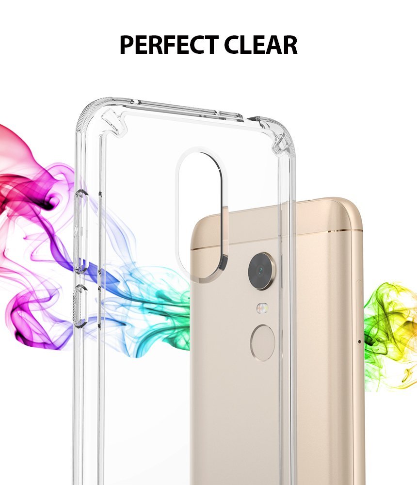 Redmi Note 5 / 5 Plus | Fusion - Clear protective phone case over a gold smartphone with colorful smoke background.