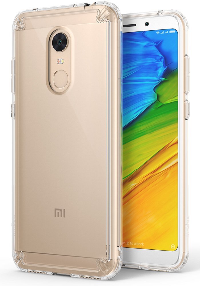 Redmi Note 5 / 5 Plus | Fusion - Gold smartphone in a clear protective case with reinforced corners.
