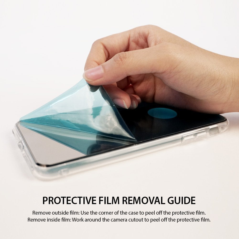 Galaxy Note 8 Case | Mirror - Hand peeling a blue protective film off the reflective surface of a clear phone case.