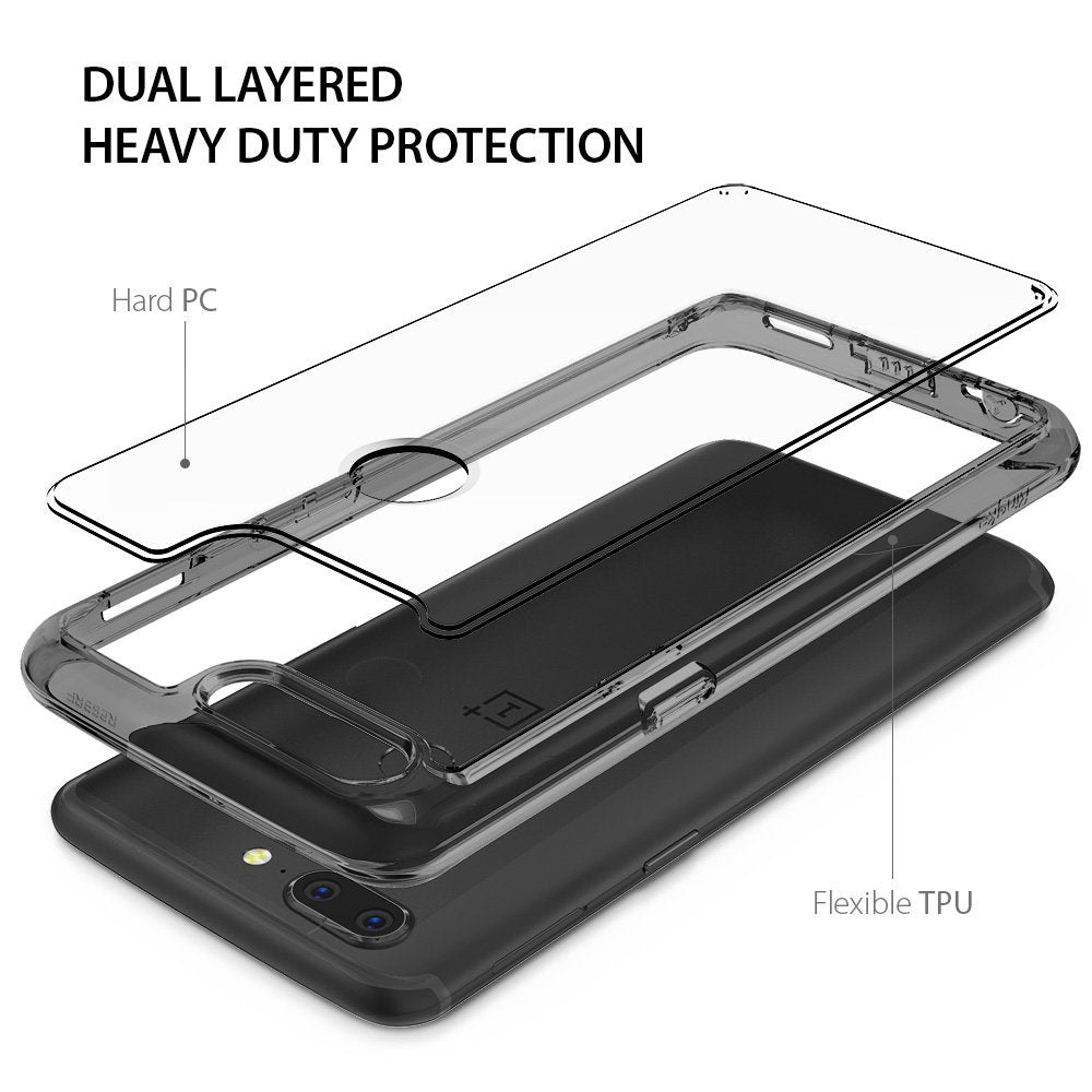 OnePlus 5T Case | Fusion - Exploded view of a dual-layered phone case showing a hard PC frame and flexible TPU bumper.