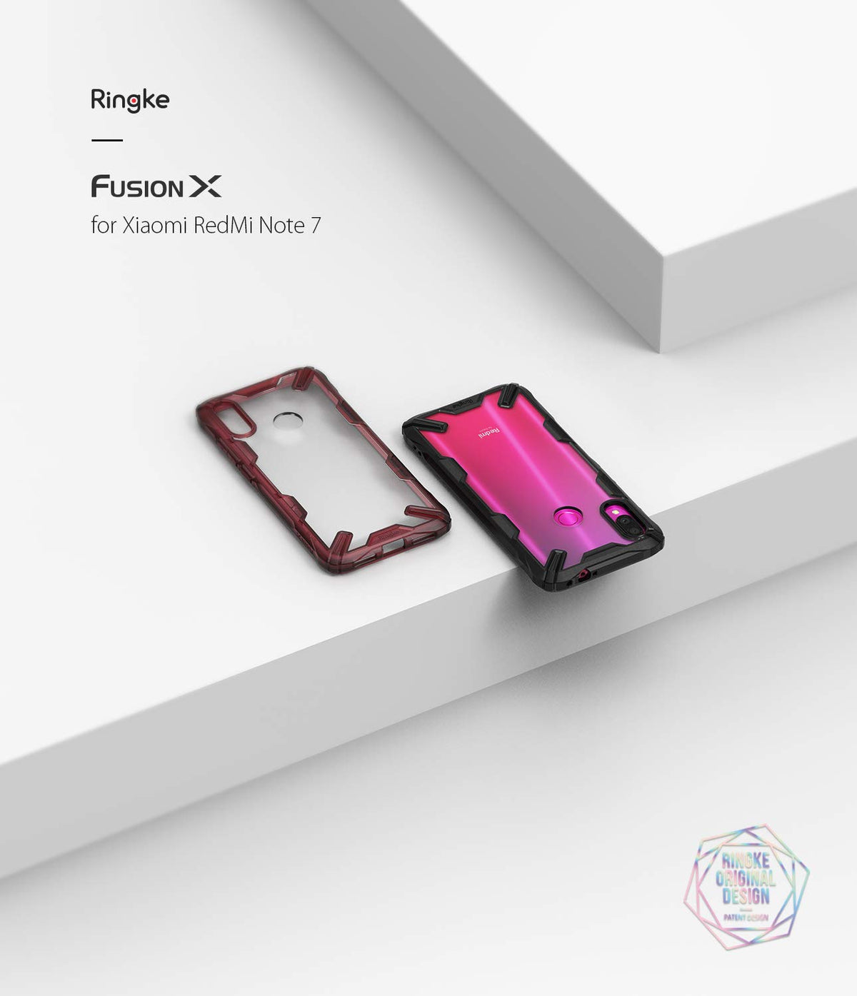 Redmi Note 7 / 7 Pro Case | Fusion-X - Two protective phone cases, one empty and one on a pink phone, on a white surface.