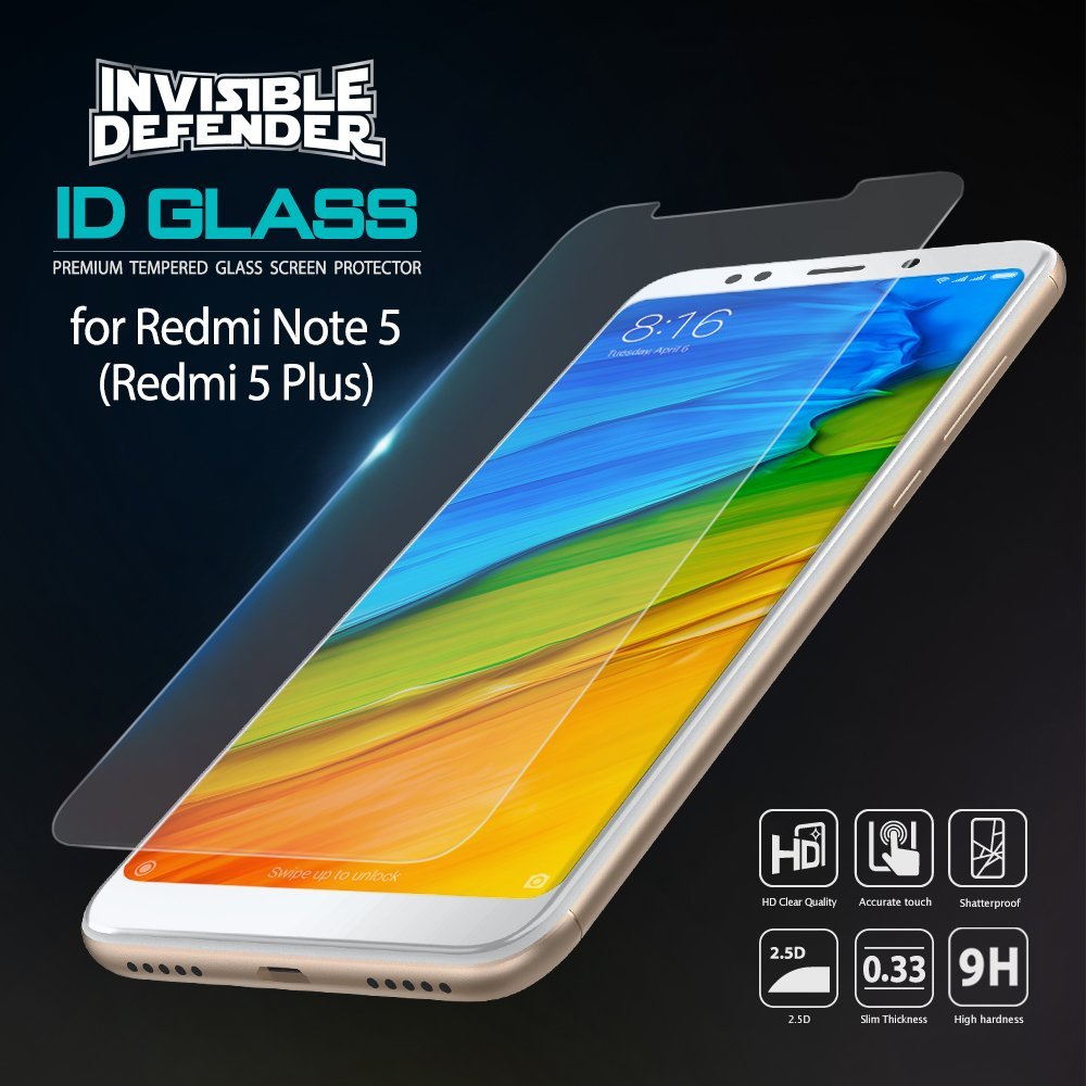 Redmi Note 5 / 5 Plus Screen Protector | Invisible Defender - Redmi Note 5 / 5 Plus Screen Protector - Tempered glass protector hovering over a smartphone with feature icons below.