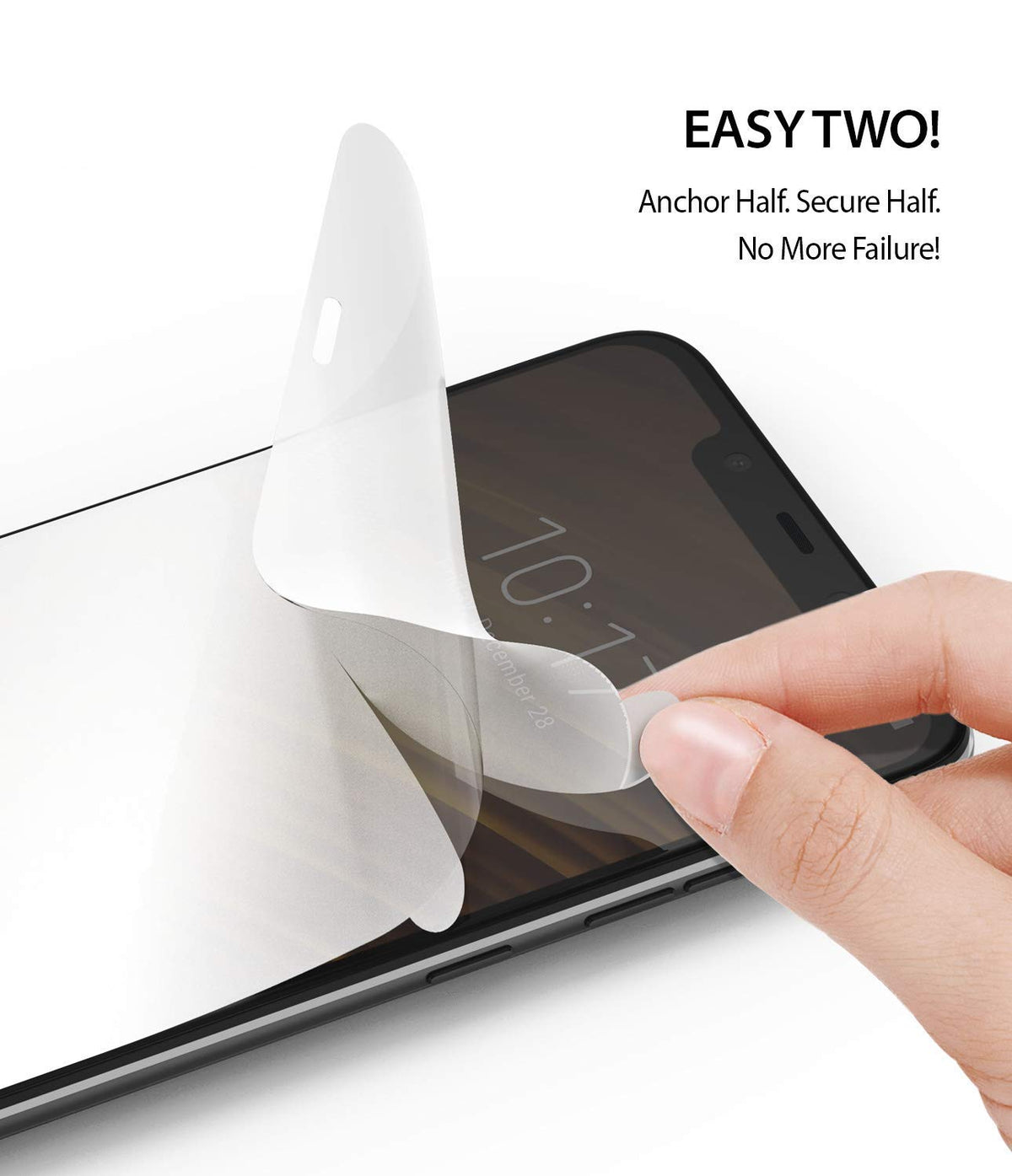 Pocophone F1 Screen Protector | Dual Easy Film - Hand applying a two-part screen protector to a smartphone screen.
