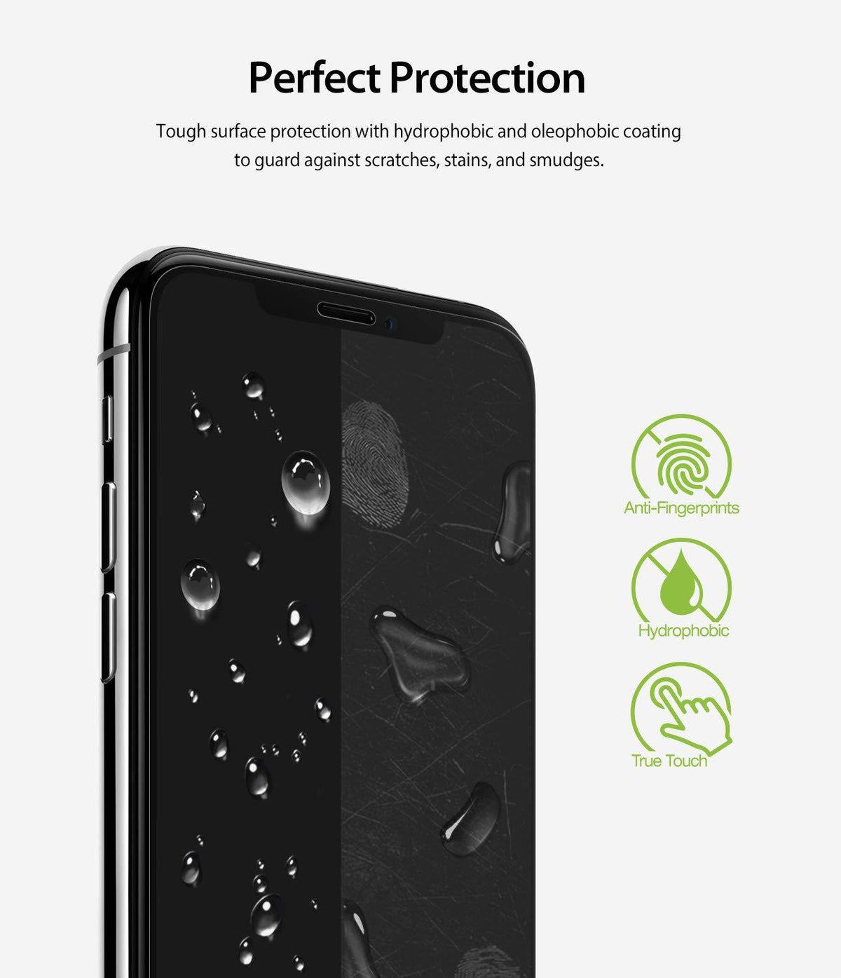 iPhone XS Screen Protector | Dual Easy Film - Smartphone with water droplets and icons showing anti-fingerprint features.
