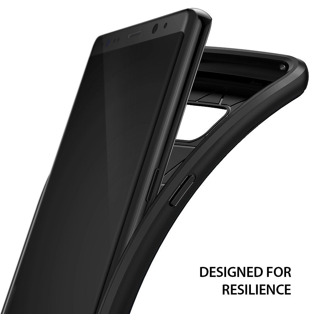 Galaxy Note 8 Case | Flex S Pro - A black smartphone being inserted into a protective, flexible black phone case.