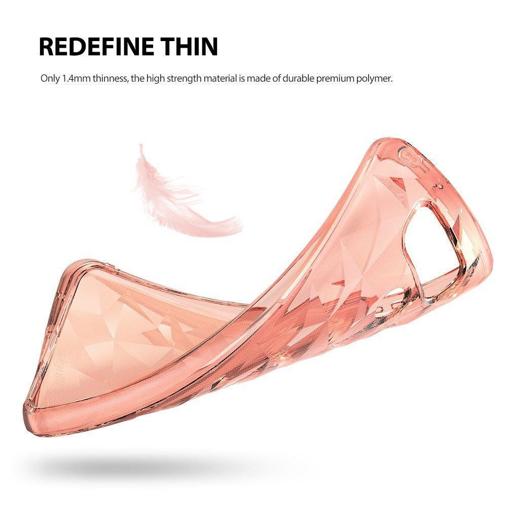 LG G6 Case | Air Prism - A thin, translucent rose-gold phone case with a geometric prism pattern and a floating feather.