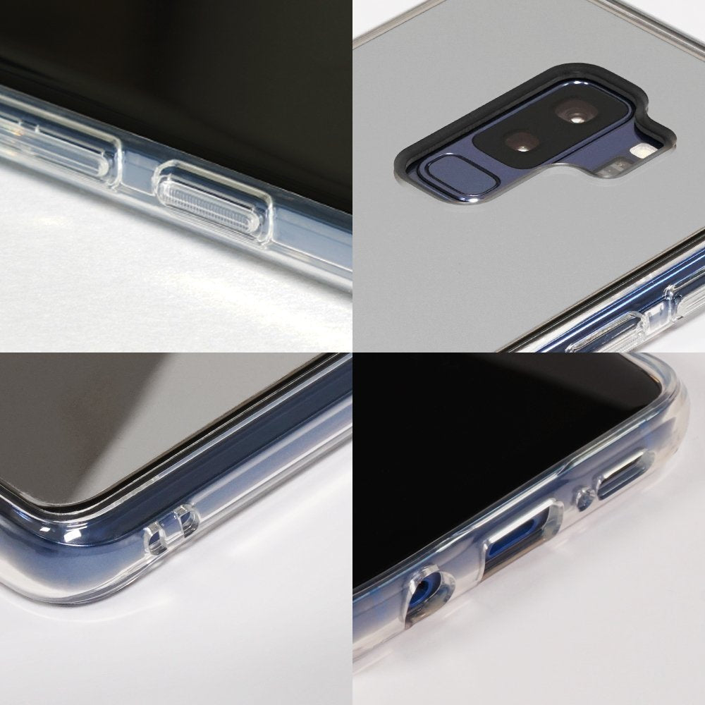 Galaxy S9 Plus Case | Mirror - Silver - Four-panel collage showing silver mirror phone case details, buttons, camera cutout, and charging port.