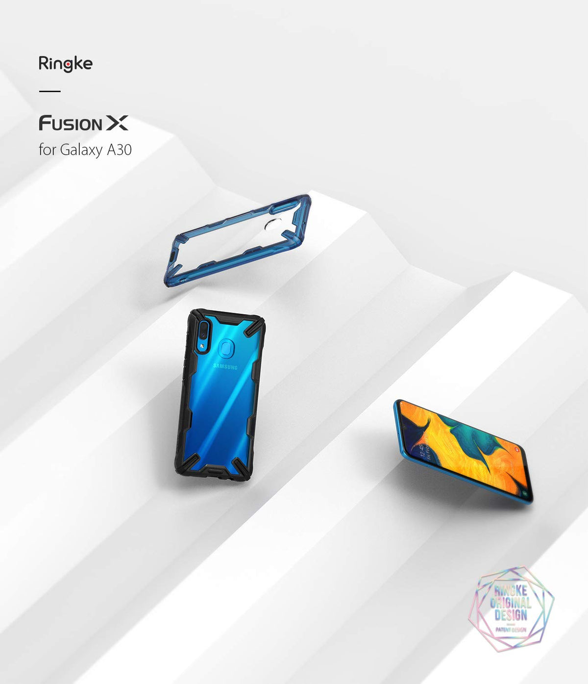 Galaxy A30 Case | Fusion-X - Three views of a blue Galaxy A30 with a rugged black and clear protective case on a white background.