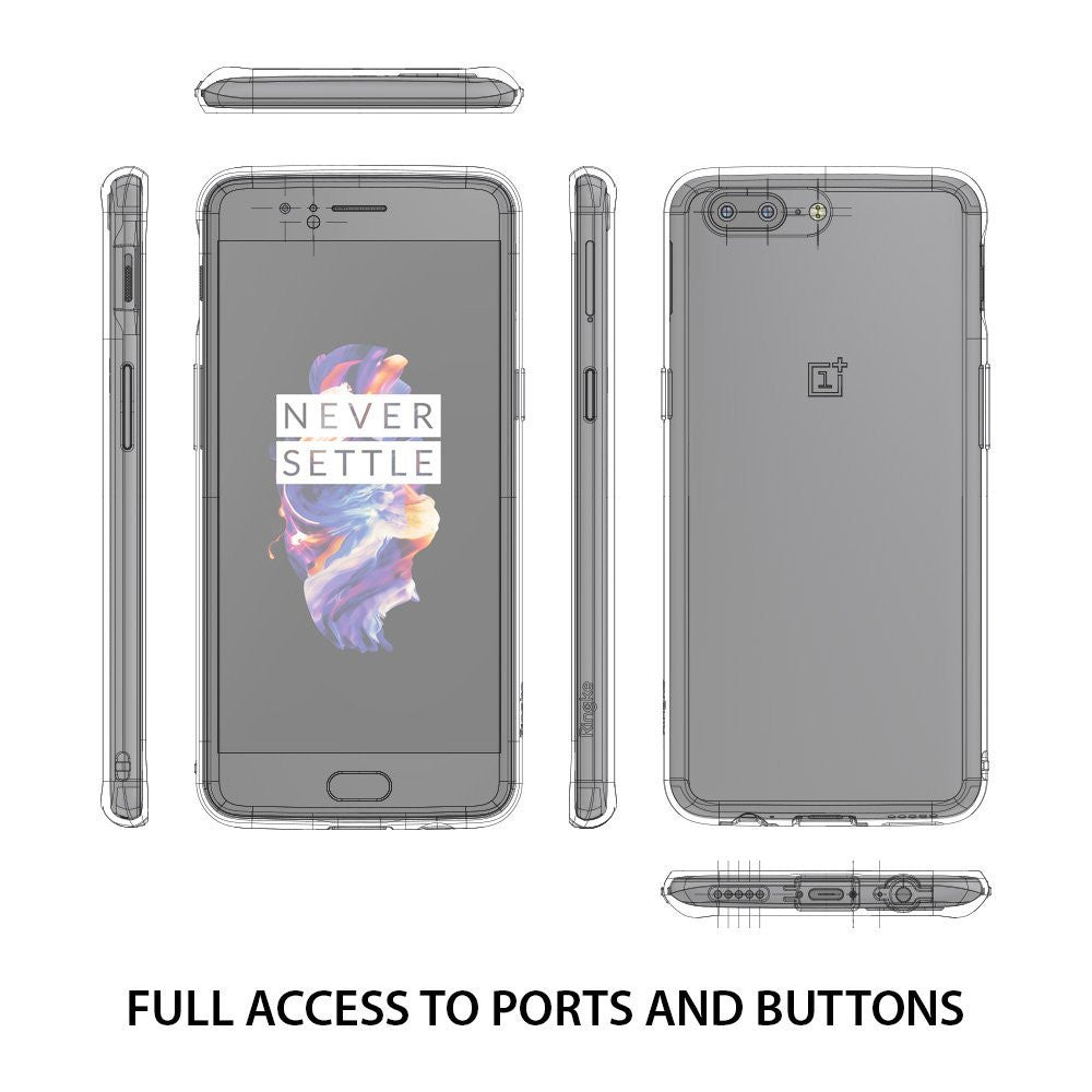 OnePlus 5 Case | Fusion - Technical line drawing showing front, back, and side views of a phone case with port cutouts.