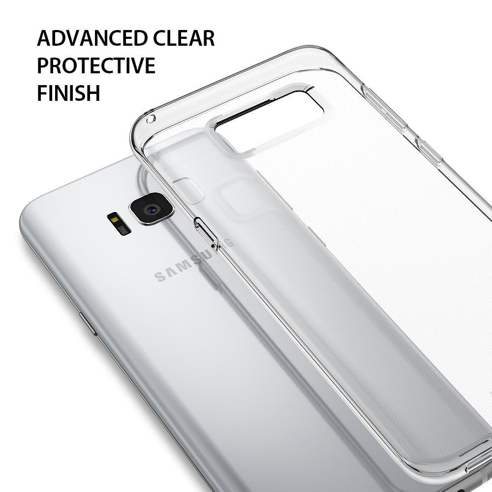 Galaxy S8 Case | Air - A clear, transparent protective case hovering over the back of a silver Samsung Galaxy S8 smartphone.