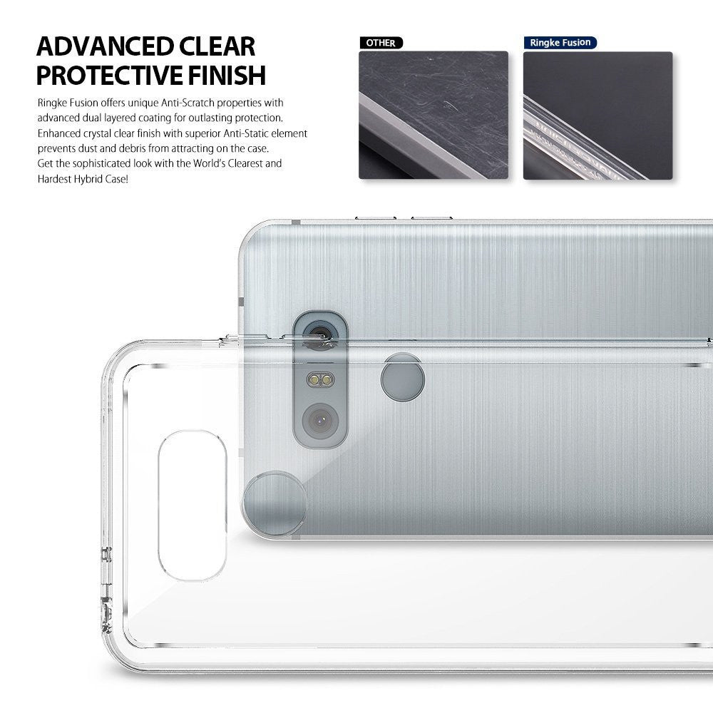 LG G6 Case | Fusion - Clear protective phone case overlaying an LG G6, with comparison images showing scratch resistance.