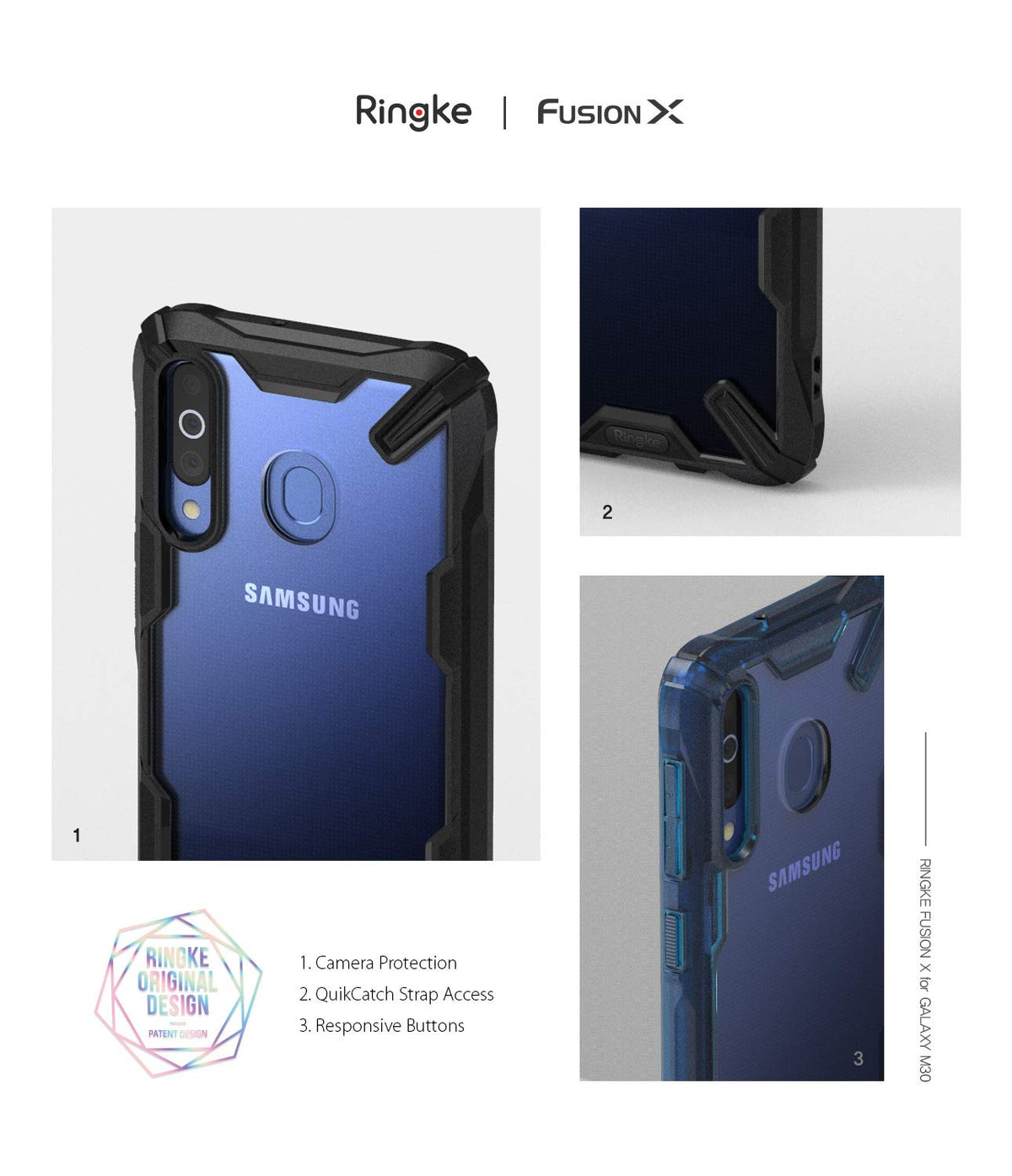 Galaxy M30 Case | Fusion-X - Three views of a blue Samsung Galaxy M30 phone case highlighting camera, strap, and button features.