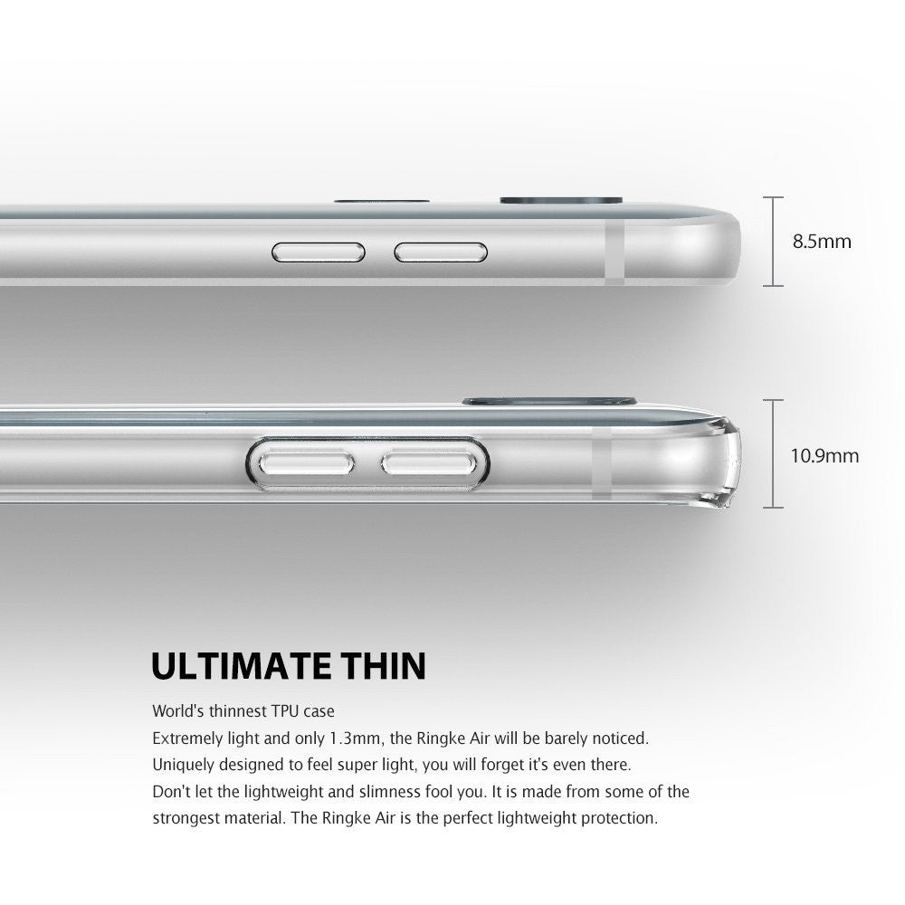 LG G6 Case | Air - Comparison showing a bare 8.5mm phone versus a 10.9mm phone with a slim, transparent TPU case.