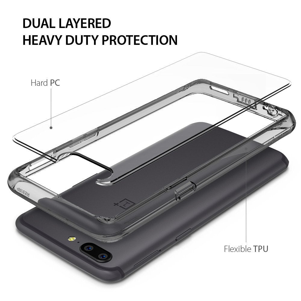 OnePlus 5 Case | Fusion - Exploded view of a dual-layered phone case showing a hard PC frame and flexible TPU inner shell.