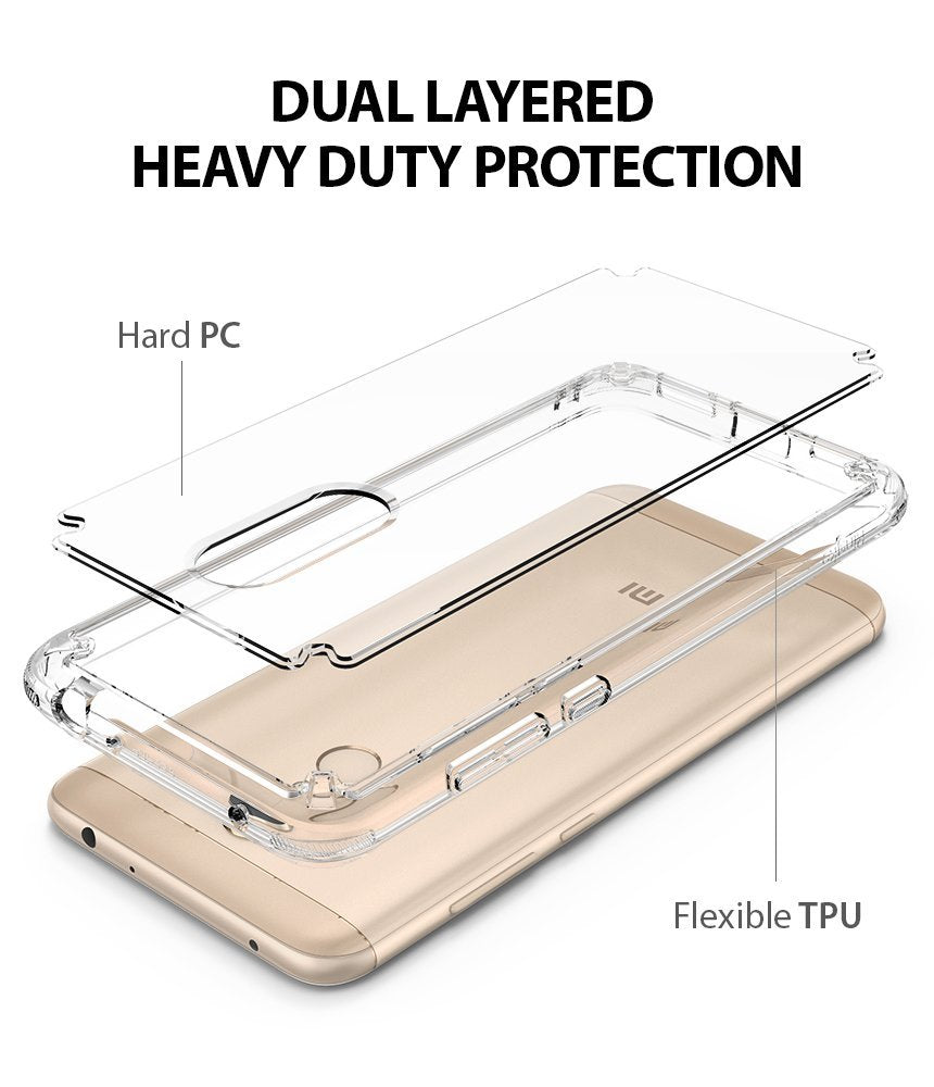 Redmi Note 5 / 5 Plus | Fusion - Exploded view of a dual-layered phone case with a hard PC back and flexible TPU bumper.