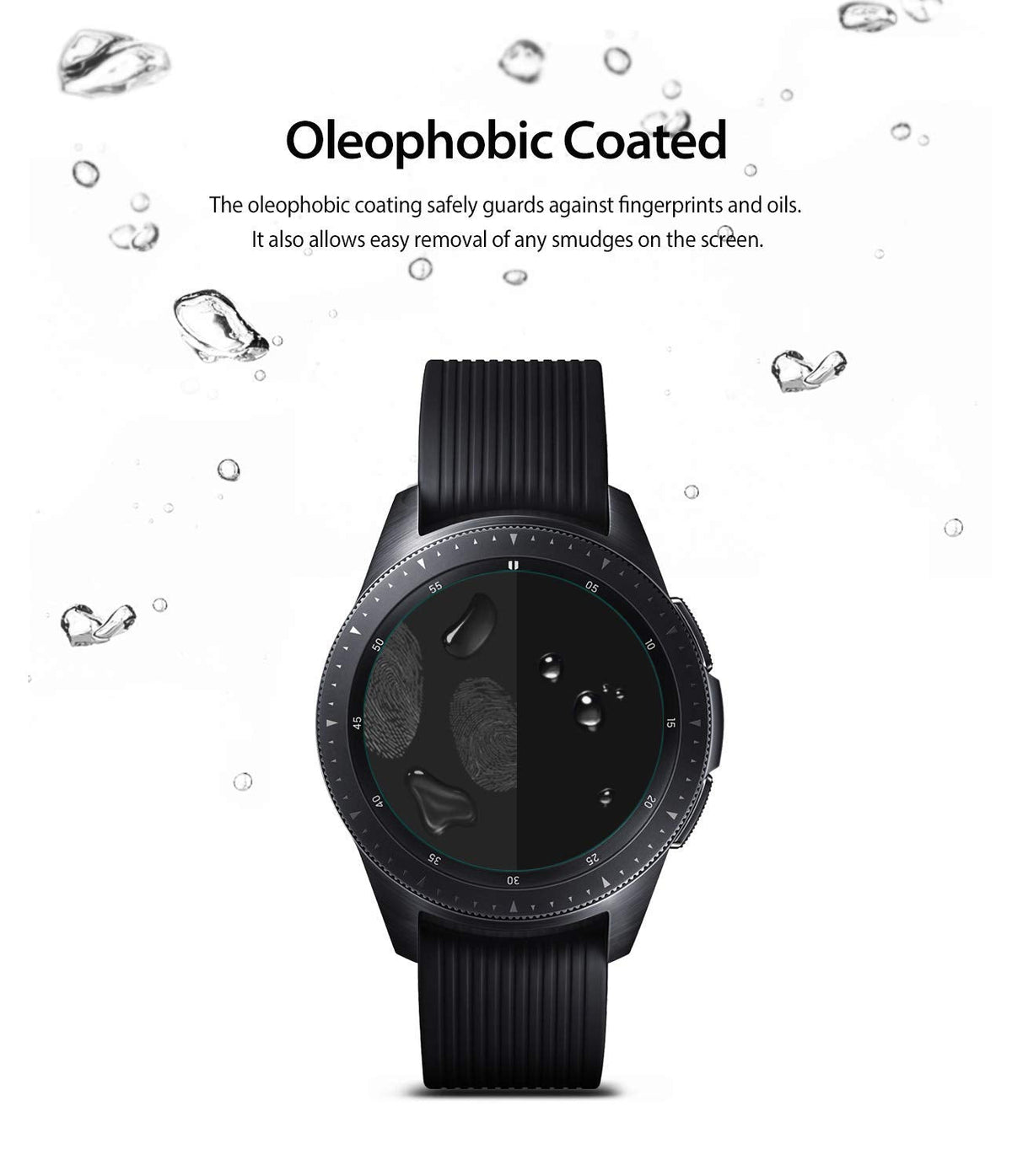 Galaxy Watch 42mm Screen Protector | Glass - Galaxy Watch 42mm Screen Protector - Smartwatch screen showing fingerprint smudges on one side and water beads on the other.