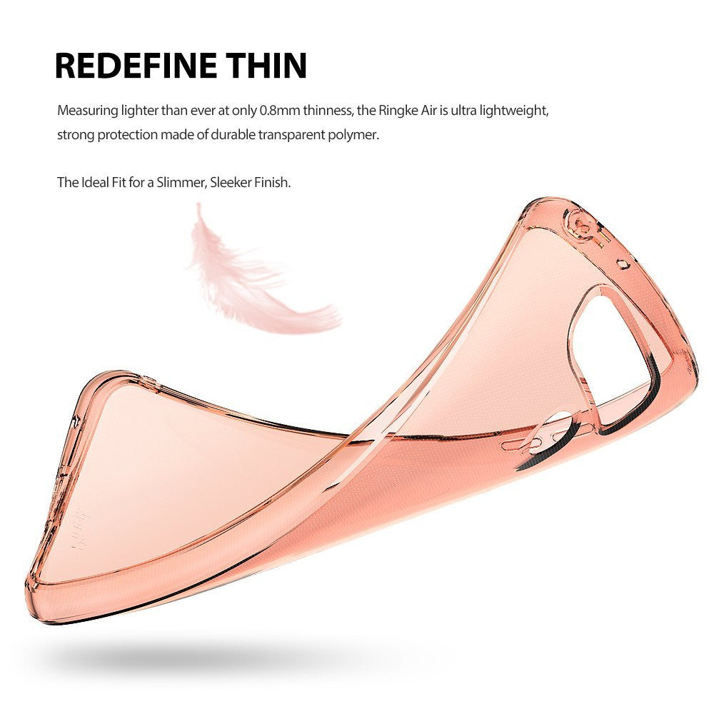 LG G6 Case | Air - A thin, transparent rose-gold phone case floating next to a soft pink feather against a white background.