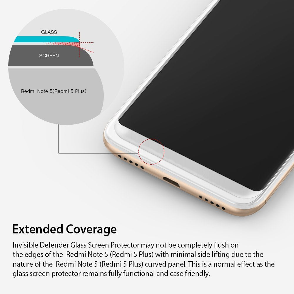 Redmi Note 5 / 5 Plus Screen Protector | Invisible Defender - Redmi Note 5 / 5 Plus Screen Protector - Diagram showing glass screen protector edge fit on a curved phone display.