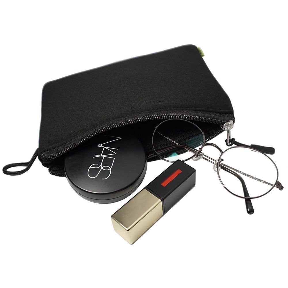 Cushion Pouch - Black zippered pouch containing a NARS compact, lipstick, and round-frame glasses against a white background.