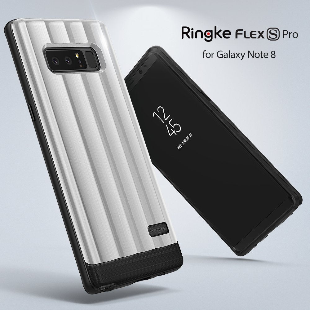 Galaxy Note 8 Case | Flex S Pro - Silver and black ribbed phone case shown next to a Galaxy Note 8 with a black screen.