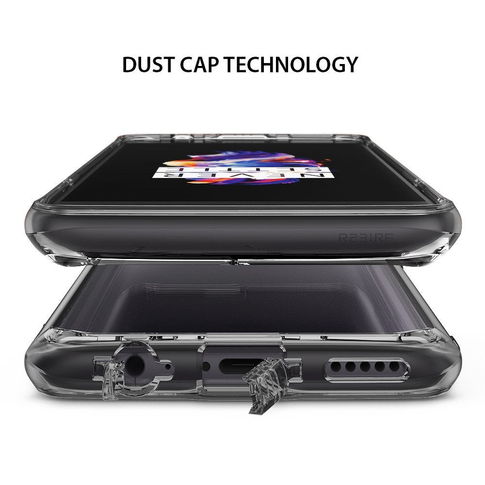 OnePlus 5 Case | Fusion - Clear phone case with an open port dust cap, highlighting protective port cover technology.