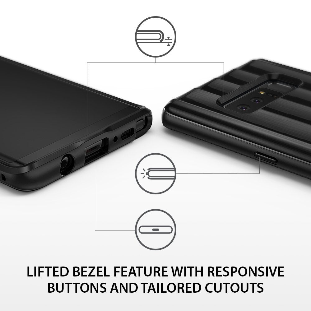 Galaxy Note 8 Case | Flex S Pro - Black phone case showing lifted screen bezels, responsive buttons, and precise port cutouts.