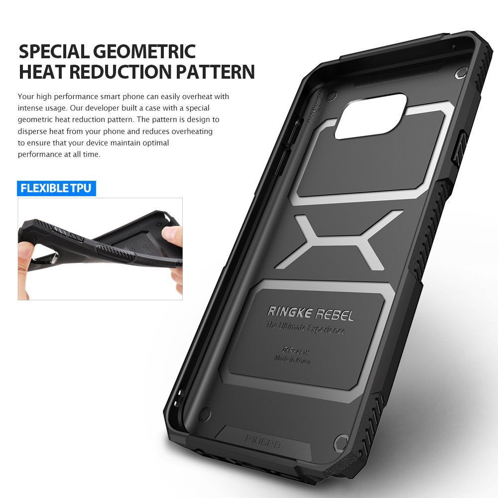 Galaxy Note 5 Case | Rebel - Black phone case with geometric heat reduction pattern and flexible TPU material details.