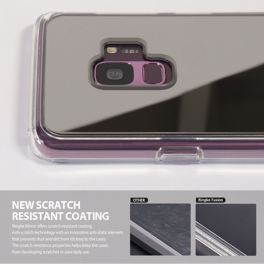 Galaxy S9 Case | Mirror - Silver - Silver mirror phone case with camera cutout and scratch-resistant coating comparison.