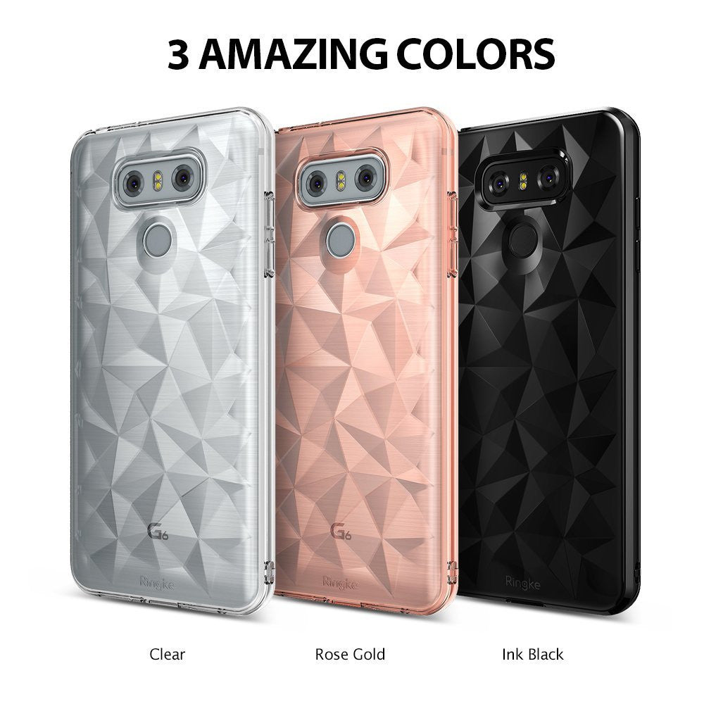 LG G6 Case | Air Prism - Three LG G6 phones in clear, rose gold, and ink black cases with geometric prism patterns.