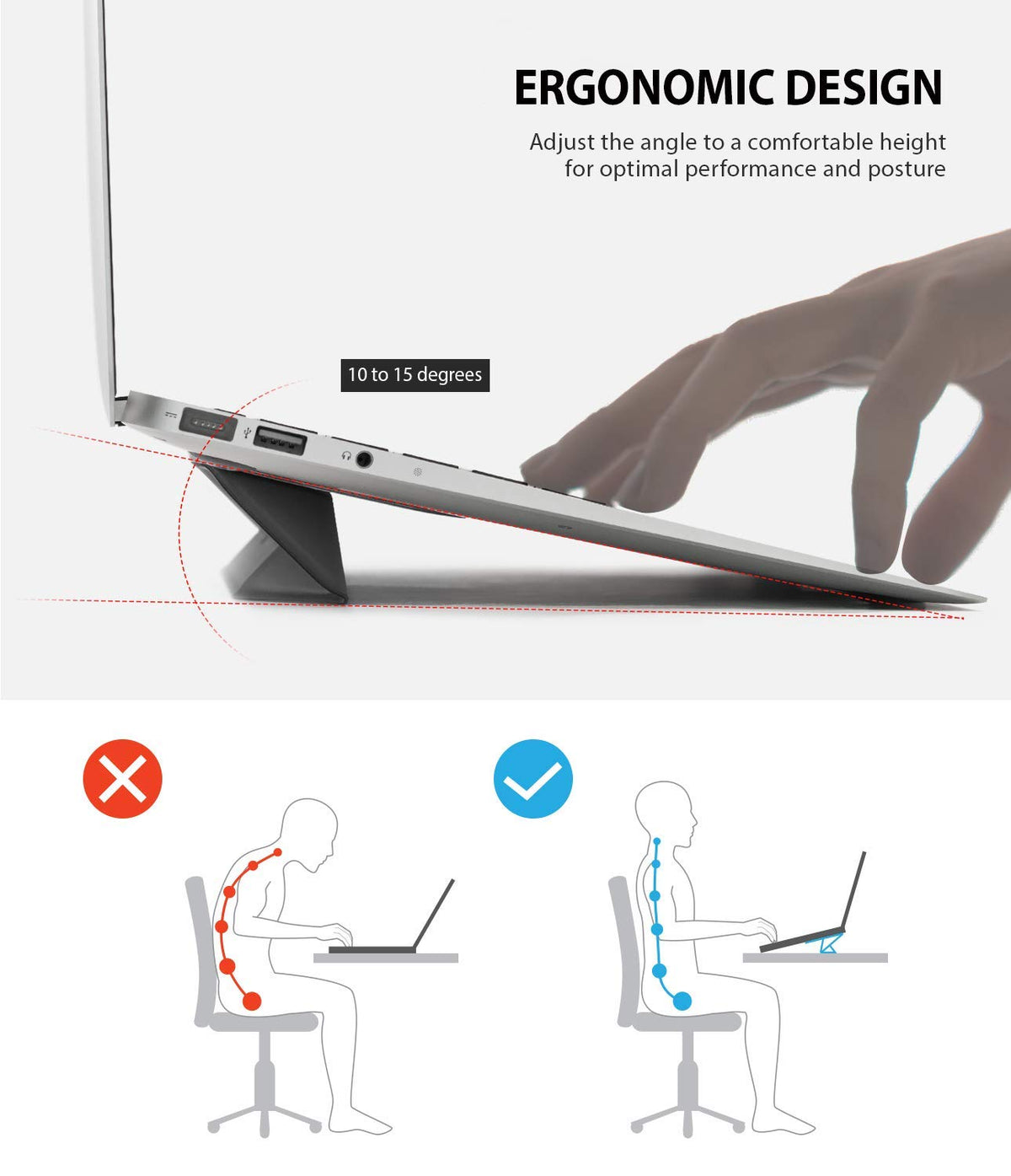 Laptop Stand - A laptop on an adjustable stand at a 10-15 degree angle, showing improved posture versus slouching.