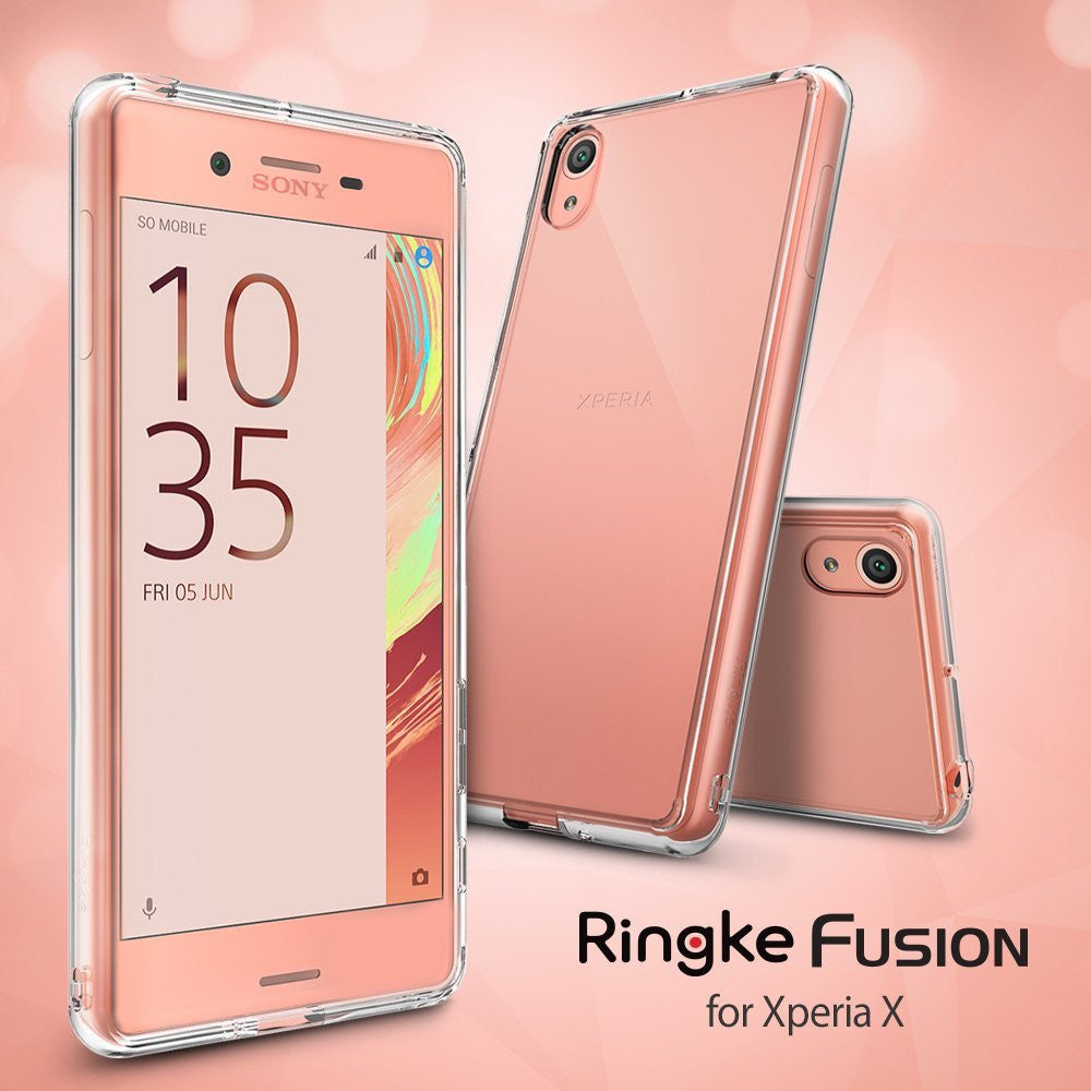 Xperia X Case | Fusion - Rose gold Sony Xperia X phones shown from front and back inside clear protective cases.