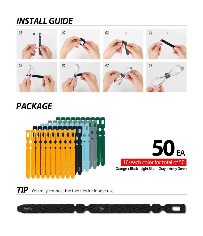 Magic Cable Tie - Eight-step installation guide, 50 colorful cable ties, and a tip on connecting ties for extra length.