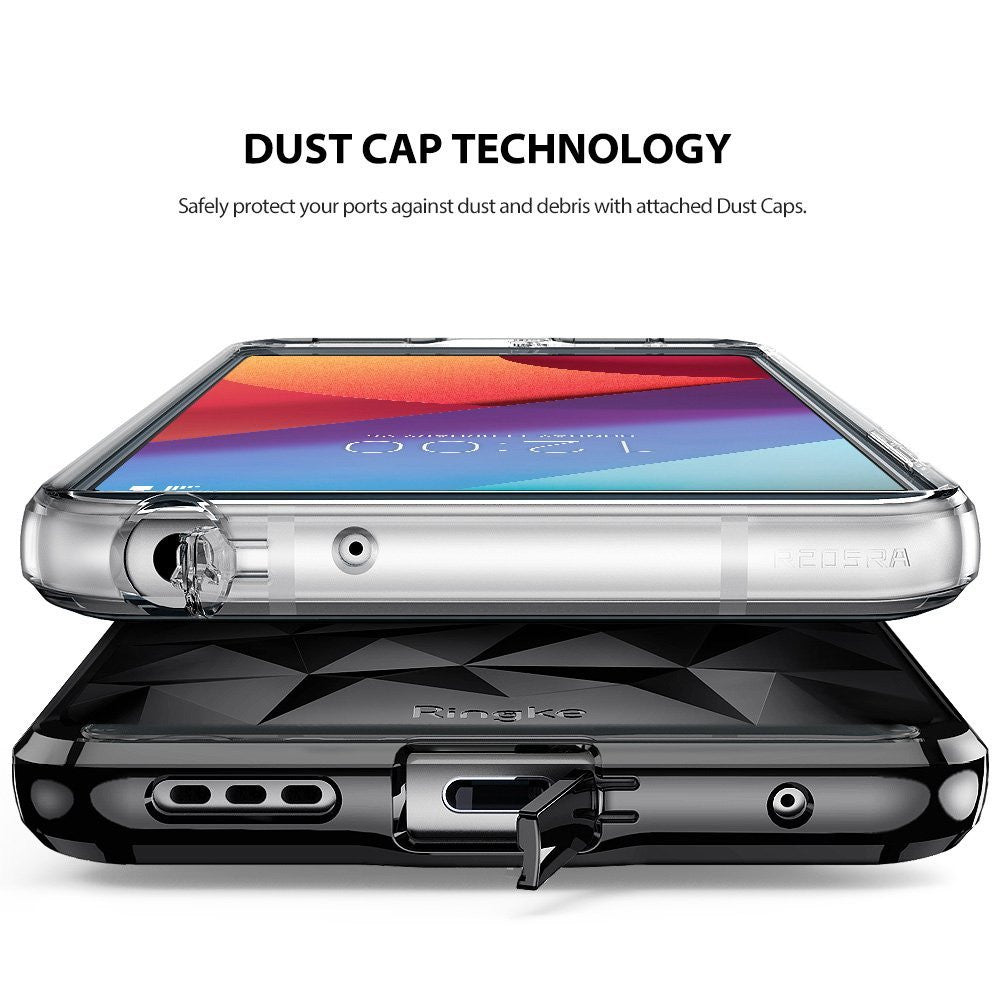 LG G6 Case | Air Prism - Smartphone in a clear protective case with an open dust cap covering the charging port.
