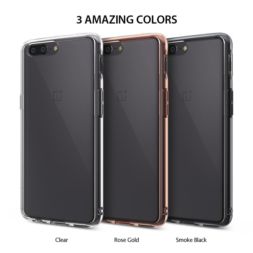 OnePlus 5 Case | Fusion - Three OnePlus 5 phone cases in clear, rose gold, and smoke black arranged side-by-side.