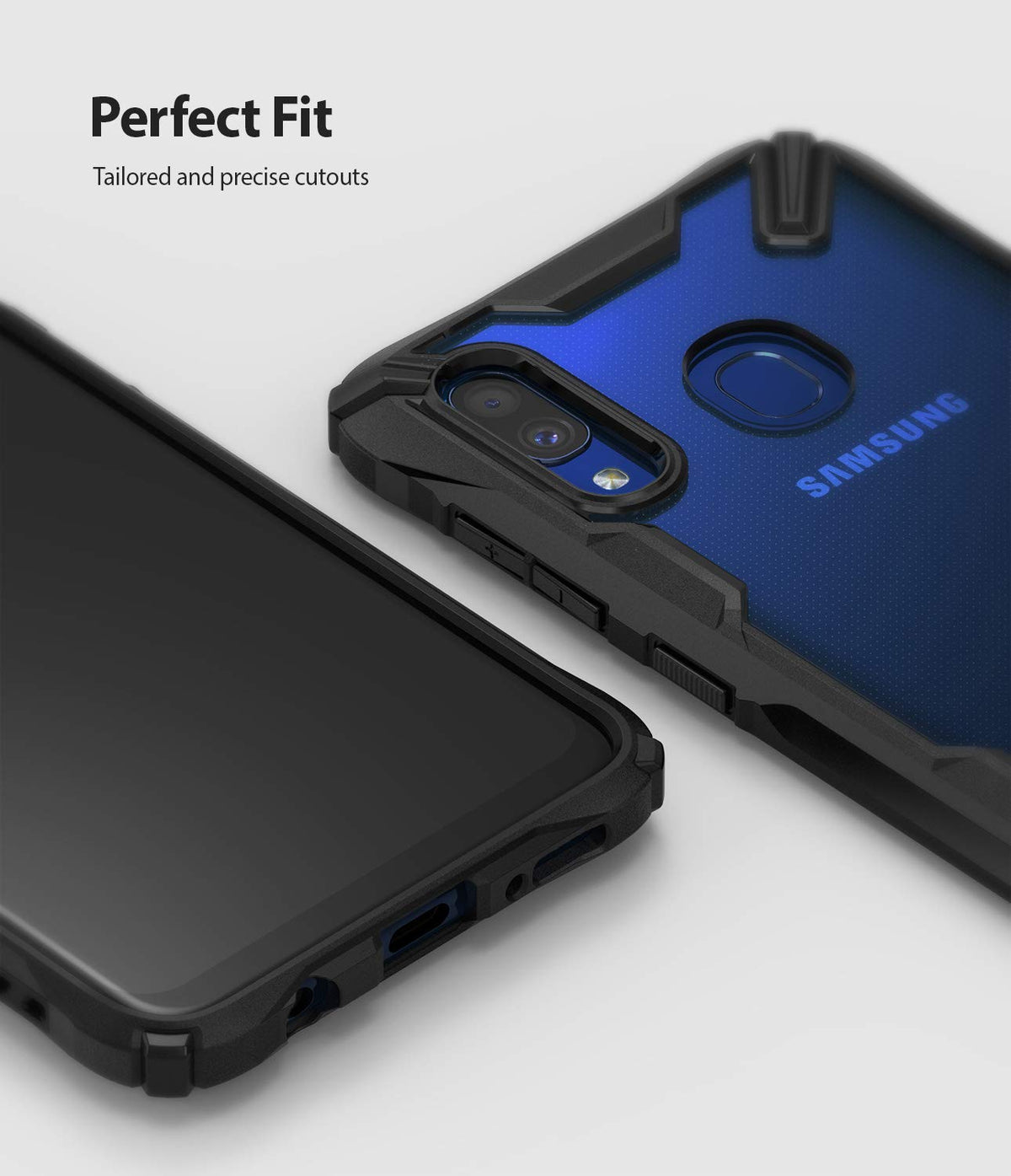 Galaxy A20 Case | Fusion-X - Black rugged phone case with precise cutouts for camera, fingerprint sensor, and ports.