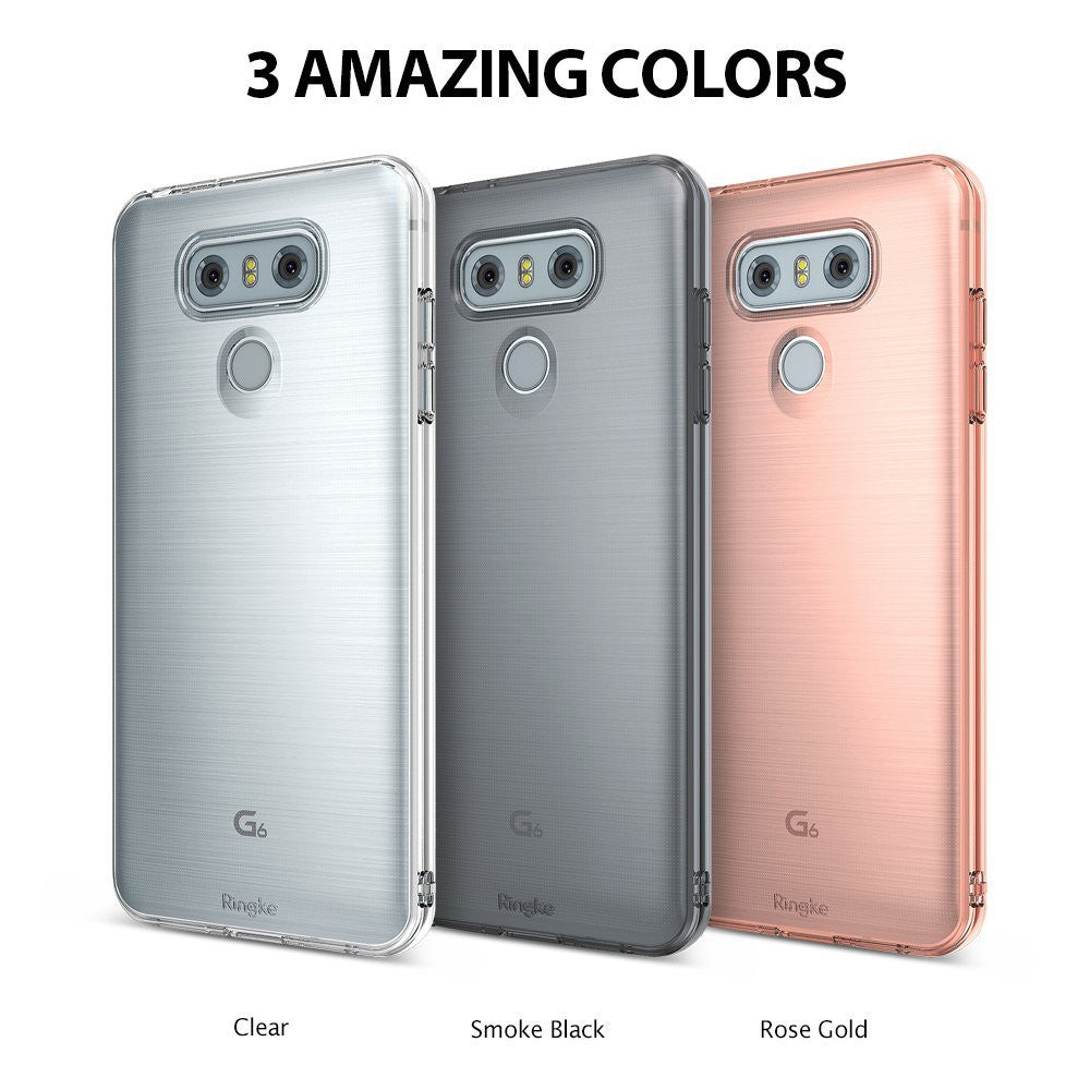 LG G6 Case | Air - Three LG G6 phones in clear, smoke black, and rose gold cases displayed side-by-side.