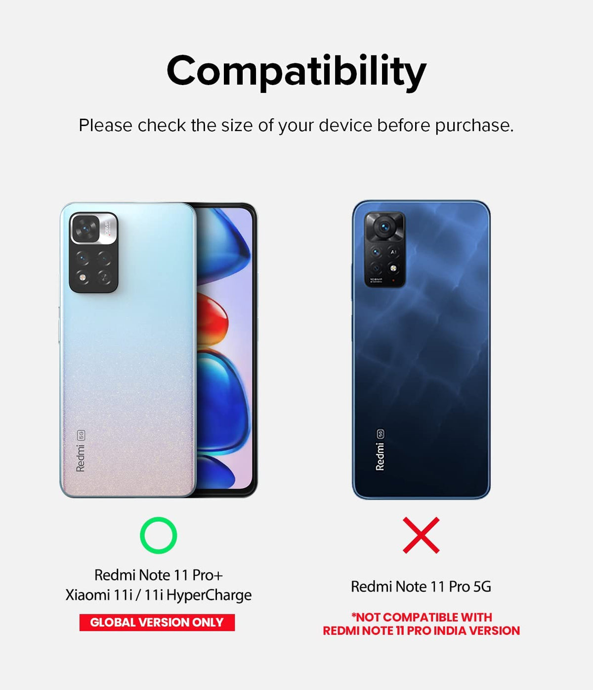 Redmi Note 11 Pro Plus Case | Fusion-X Plus - Compatibility chart comparing compatible light blue and incompatible dark blue phones.