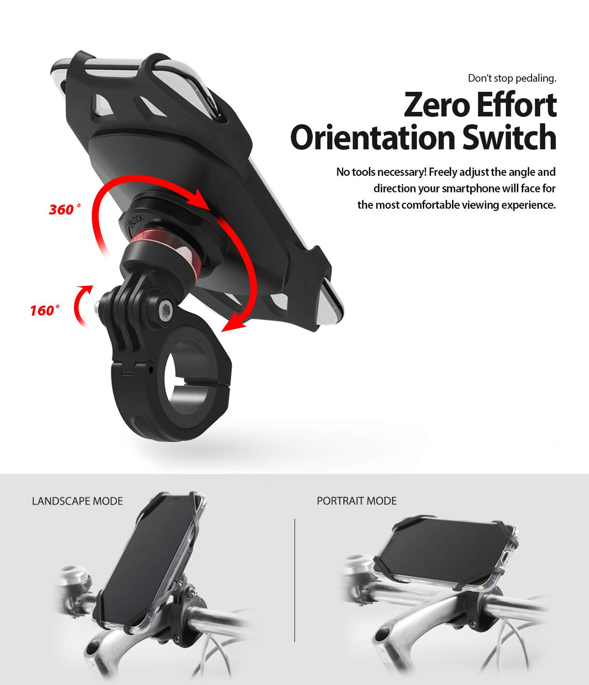 Spider Grip Bike Mount - Adjustable phone mount showing 360-degree rotation and 160-degree tilt for landscape or portrait.