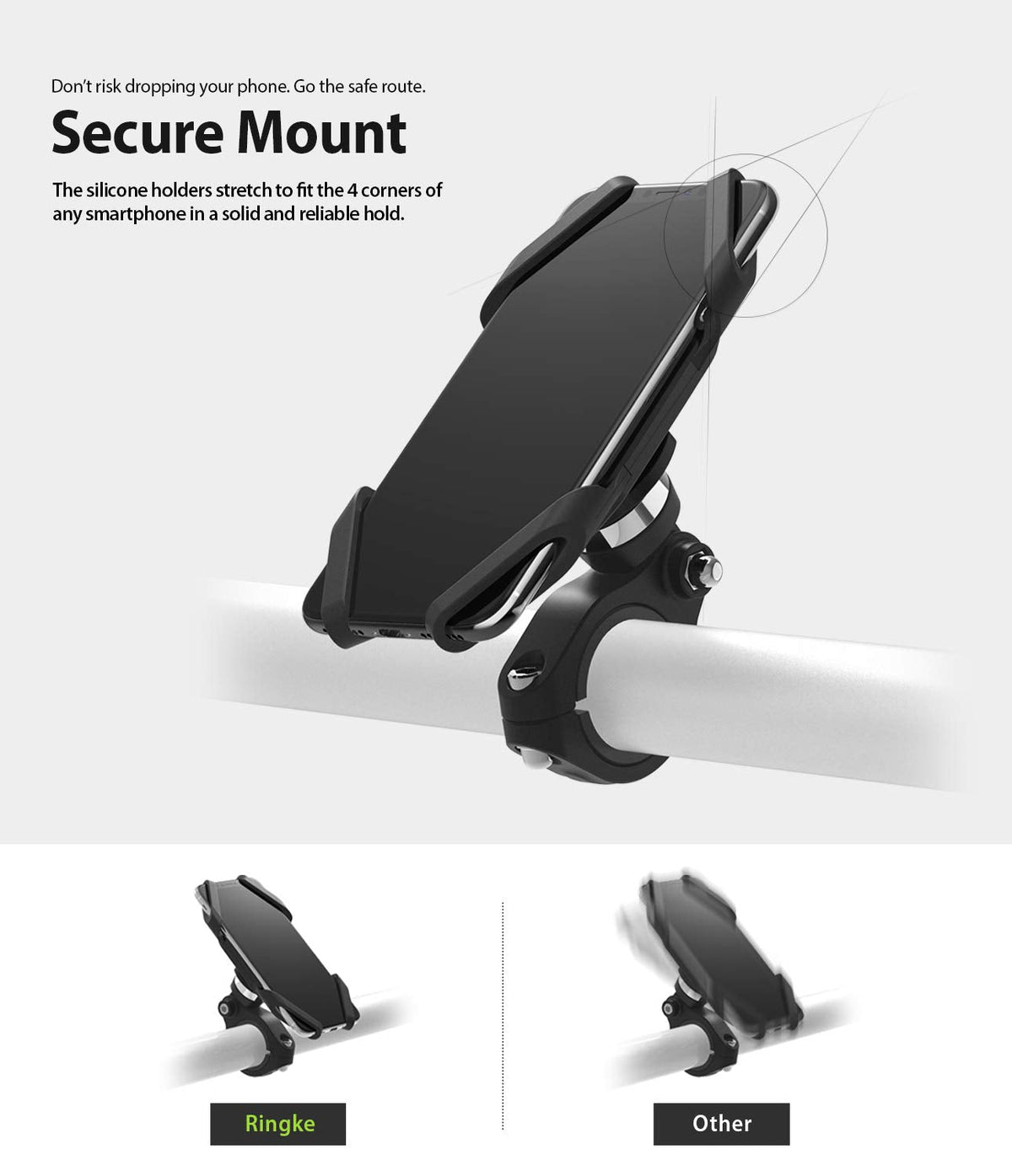 Spider Grip Bike Mount - Smartphone secured in a four-corner silicone mount attached to a bicycle handlebar.