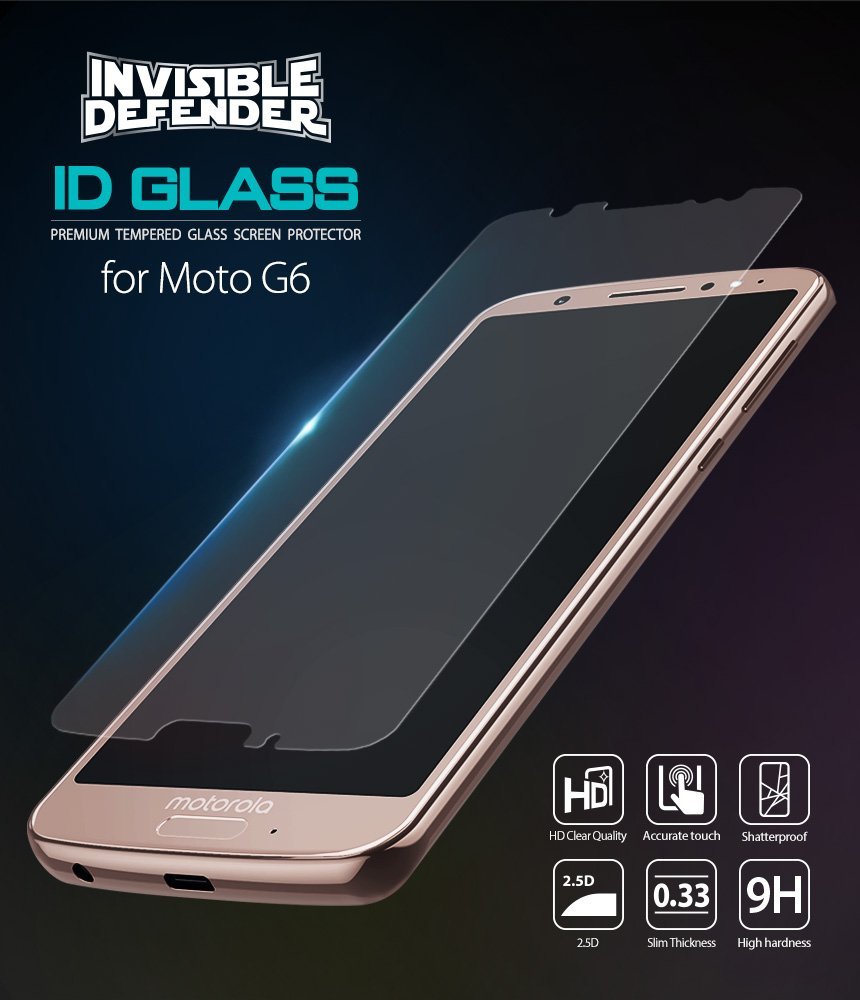 Moto G6 Screen Protector | Glass - Tempered glass screen protector hovering over a rose gold Moto G6 smartphone.