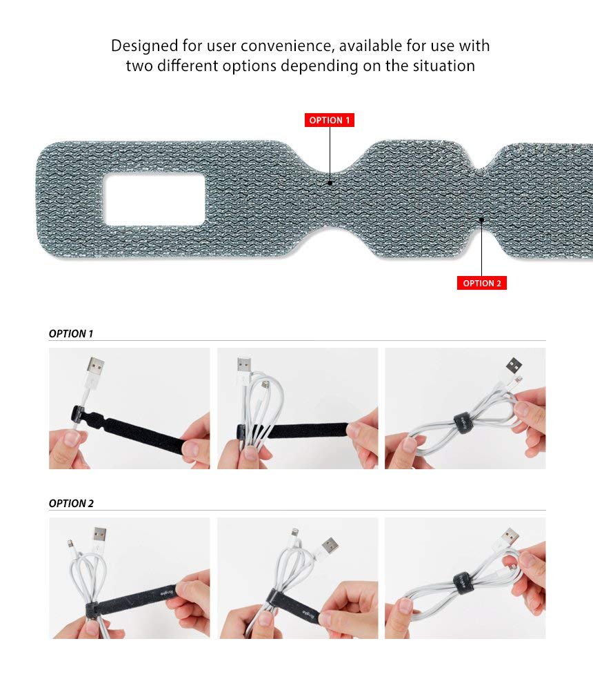 Magic Cable Tie - Velcro cable tie showing two distinct attachment methods for organizing charging cables.